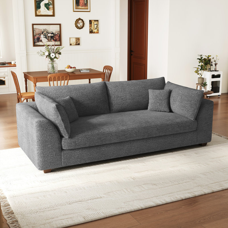 Canapé rembourré en bois massif l 84,6 po avec coussins décoratifs, Chenille gris pâle