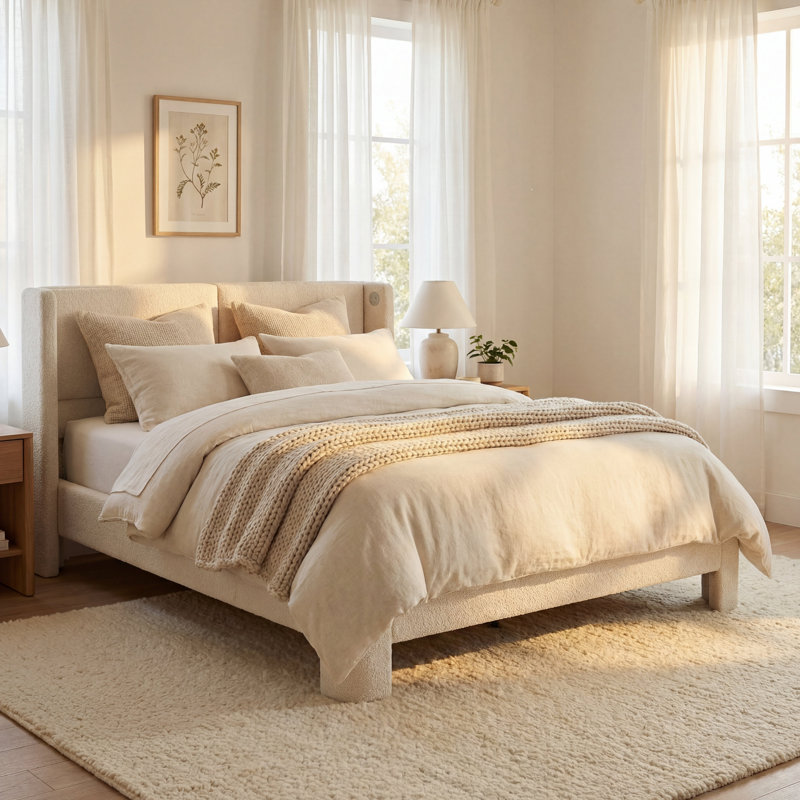 Upholstered Bed Frame With Headboard & USB Ports, Cloud Design, No Box Spring Needed, Cream White, Full