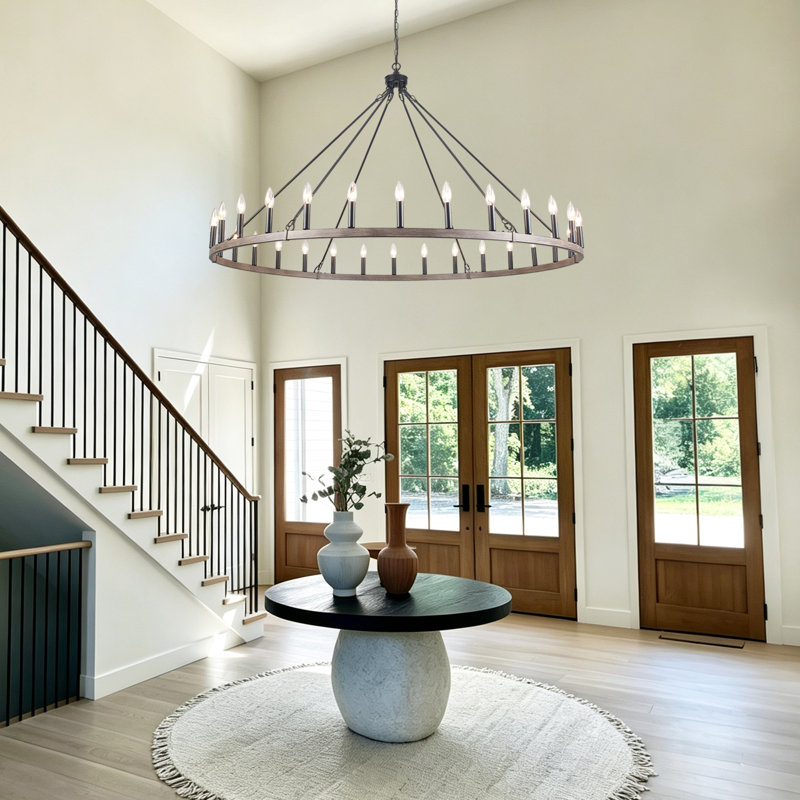 Lustre rond 30 lumières en forme de bougie de style campagnard brun, Brun
