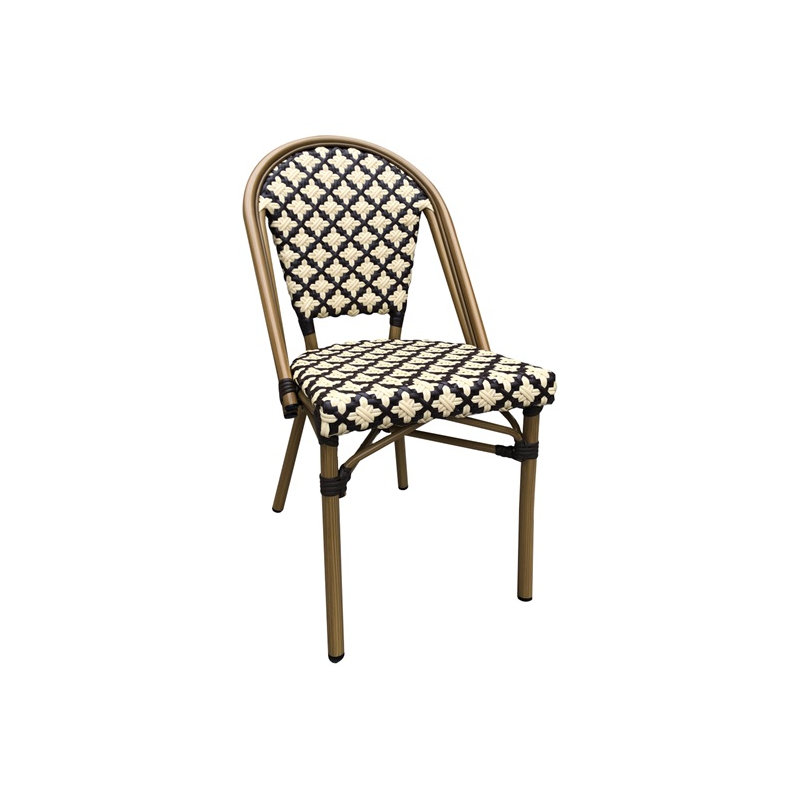 Chaise en aluminium à motifs en bambou avec assise et dossier en polyester tissé noir et blanc