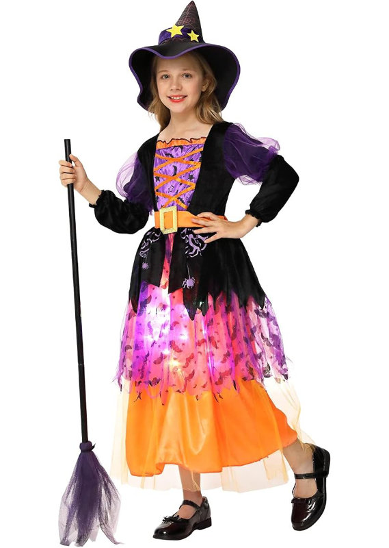 Déguisement de sorcière pour l'Halloween, robe de sorcière lumineuse et scintillante pour enfants, idéal pour une fête costumée féerique.