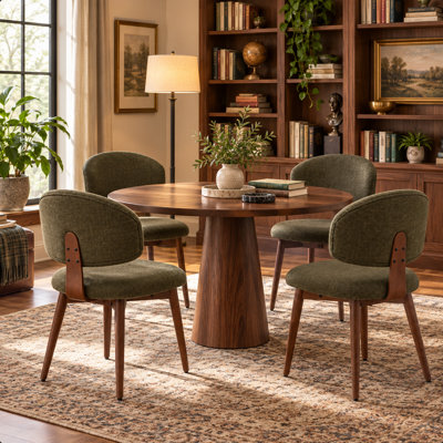 Chaise de salle à manger rembourrée verte de style milieu du siècle, dossier incurvé, revêtement en lin et pieds en bois massif naturel, ensemble de 4