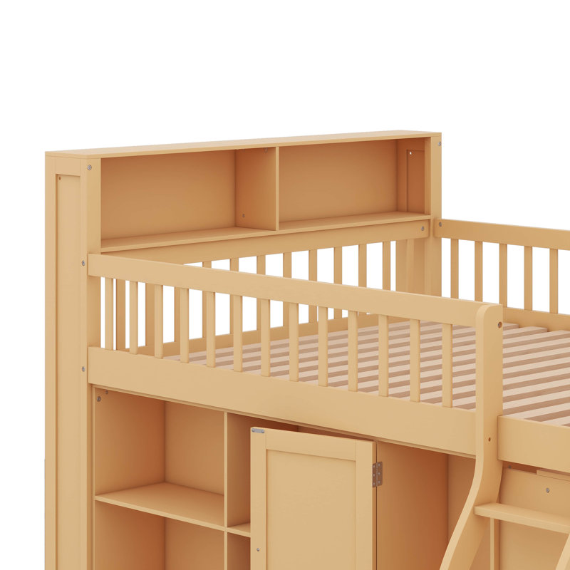 Loft Bed With Integrated Storage, Headboard Equipped With LED Lighting, Full, Natural