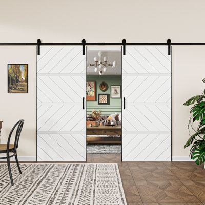 72" x 84" White Double Modern Wave Design Sliding Barn Door with Installation Hardware Kit(Easy Assembly)