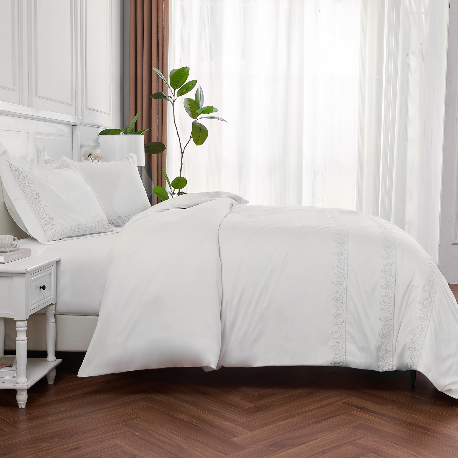 Azra Cotton Percale Duvet Cover, King Duvet Cover + 2 King Shams, White