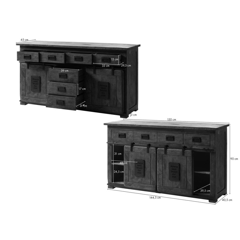 Railway 150cm Sideboard, Grey