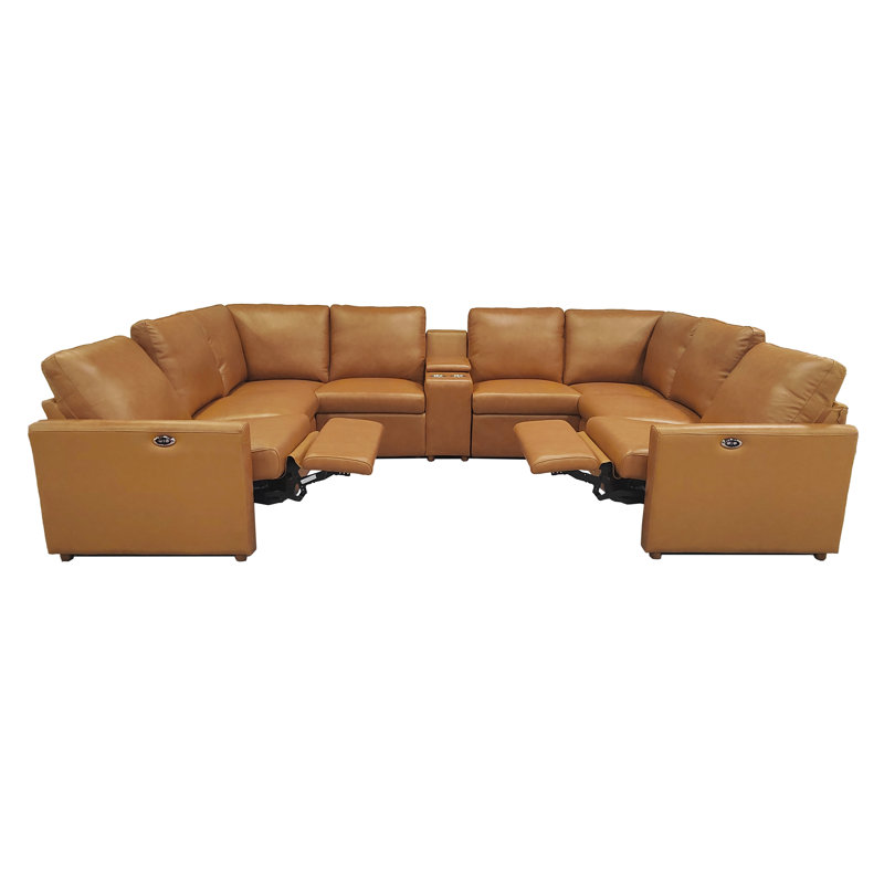 Luxury Power Reclining U-Shaped Top-Grain Geniune Leather Match Sectional Sofa With Center Console & Cup Holders