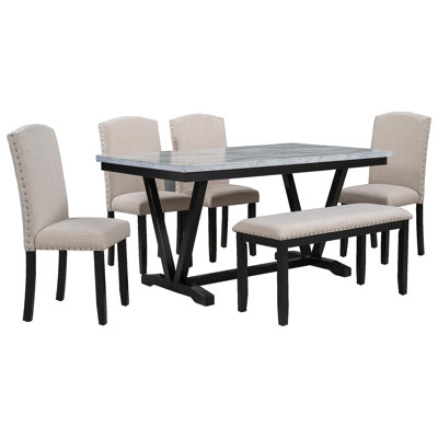 Modern Style 6-Piece Dining Table With 4 Chairs & 1 Bench, Table With Marbled Veneers Tabletop And V-Shaped Table Legs (White)