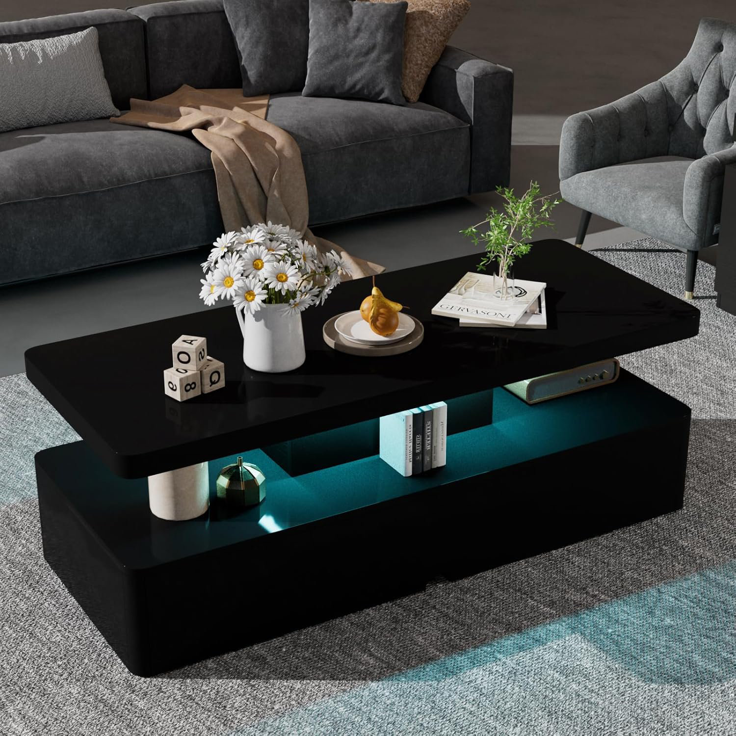 Modern Stylish Coffee Table With 16 Colors Led Lights, Double-Layer