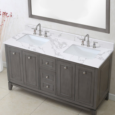 61'' Marble Double Bathroom Vanity Top Sink and Faucet