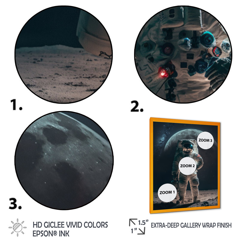 Spaceman on the Moon III - reproduction d'art sur toile, H 32 po x l 16 po x P 1 po, Encadrement doré