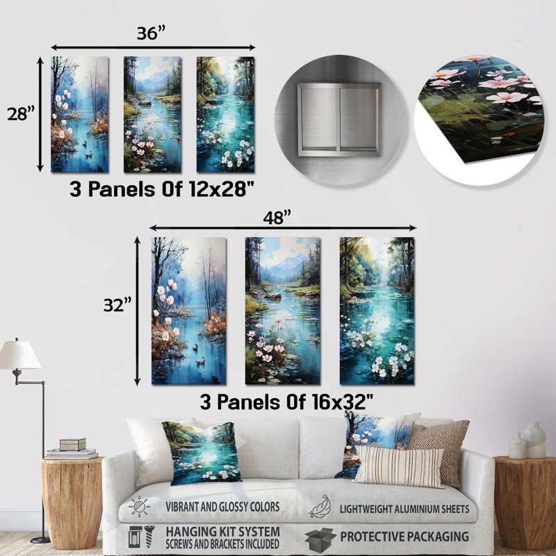 Romantiques sereines florales, ensemble d'art mural en métal sur 3 rivières Lake, H 28 po x l 36 po