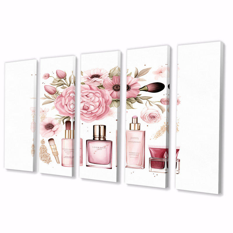 «Pink Cosmetic Elegant Make-Up Illustration», reproduction sur toile d'articles de toilette - 5 panneaux égaux