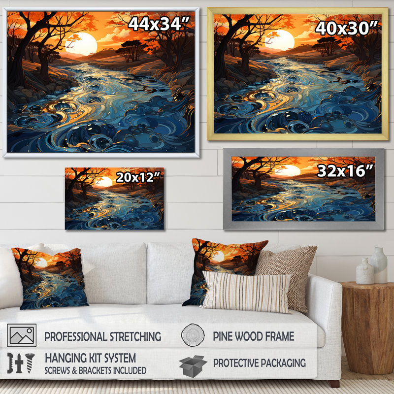 Orange et bleu, rivière, voyage serein I - rivière, art mural, Toile tendue, H 34 po x l 44 po x P 1,5 po