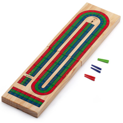 GSE Wooden Folding Cribbage Board with 6 Plastic Pegs, 3-Track Portable Travel Playing Card Game Cribbage Board