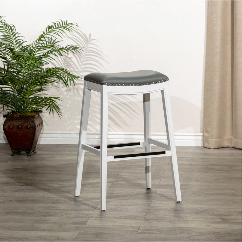 Tabouret de bar de 30 po de hauteur, finition blanche, siège en cuir gris, Siège gris / cadre blanc 