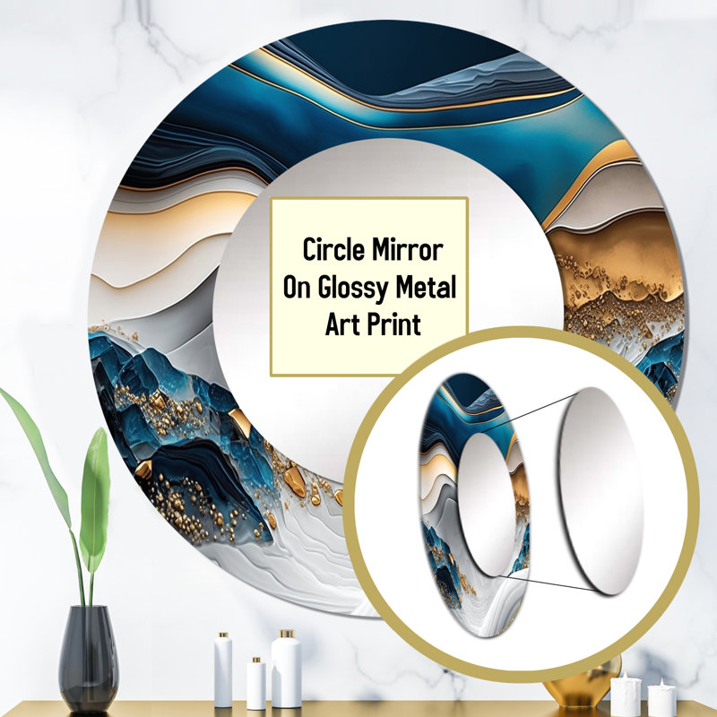 Priseis Abstract Geode Waves Blue II - Abstract Unique Mirror, Blue Large Round Wall Mirror, Printed Metal Art, 29" x 29"