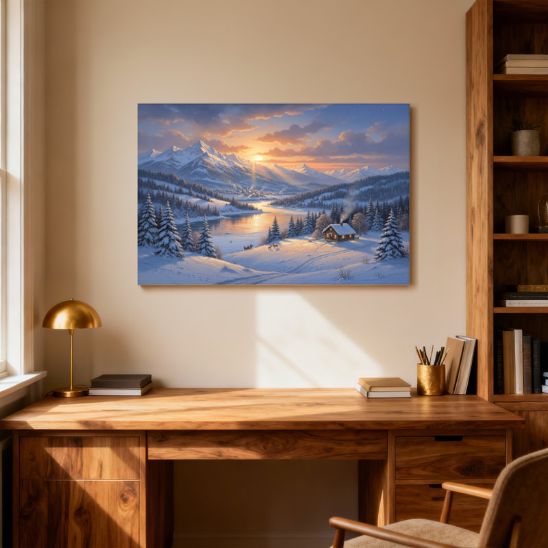 Noël hiver coucher de soleil montagne paysage chalet neige arbres rivière ciel, H 16 po x l 24 po