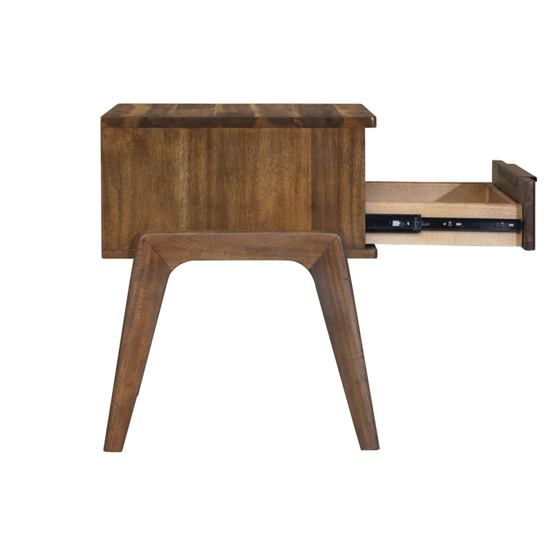 Mid-Century Modern Acacia Wood Nightstand with Black Handle