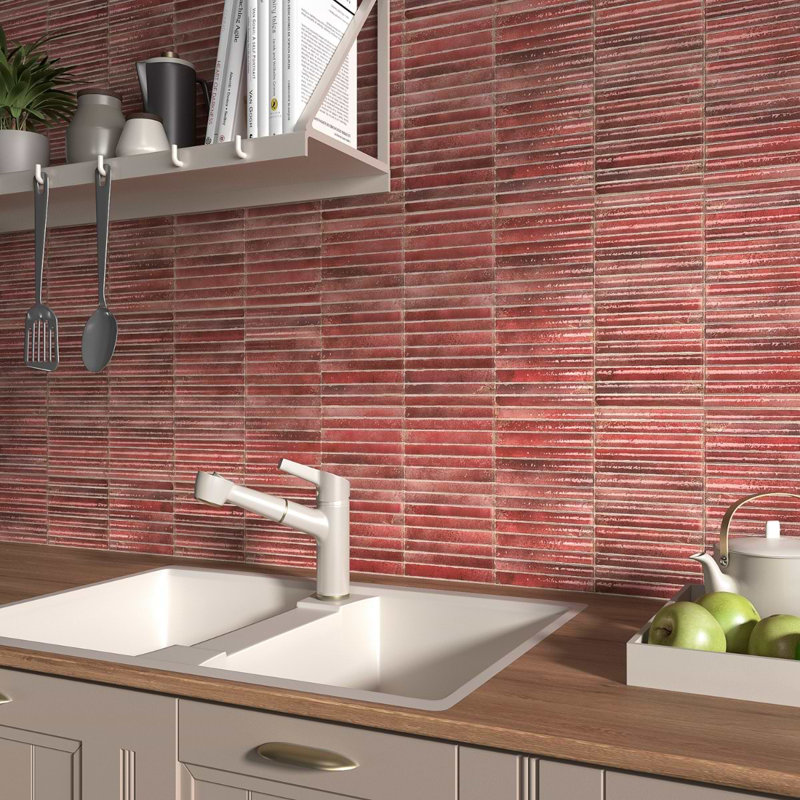 Curve Fluted 6X12 3D Glossy Ceramic Tile, Red