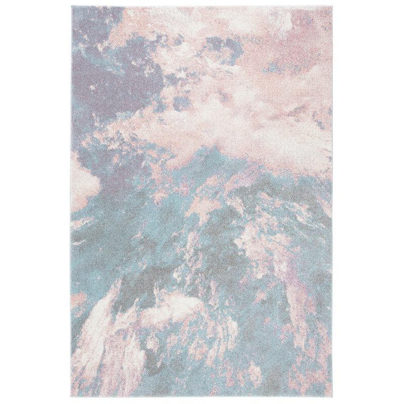 Tapis rose / bleu à motif abstrait Bellflower, Rectangle 6 pi 7 po x 9 pi