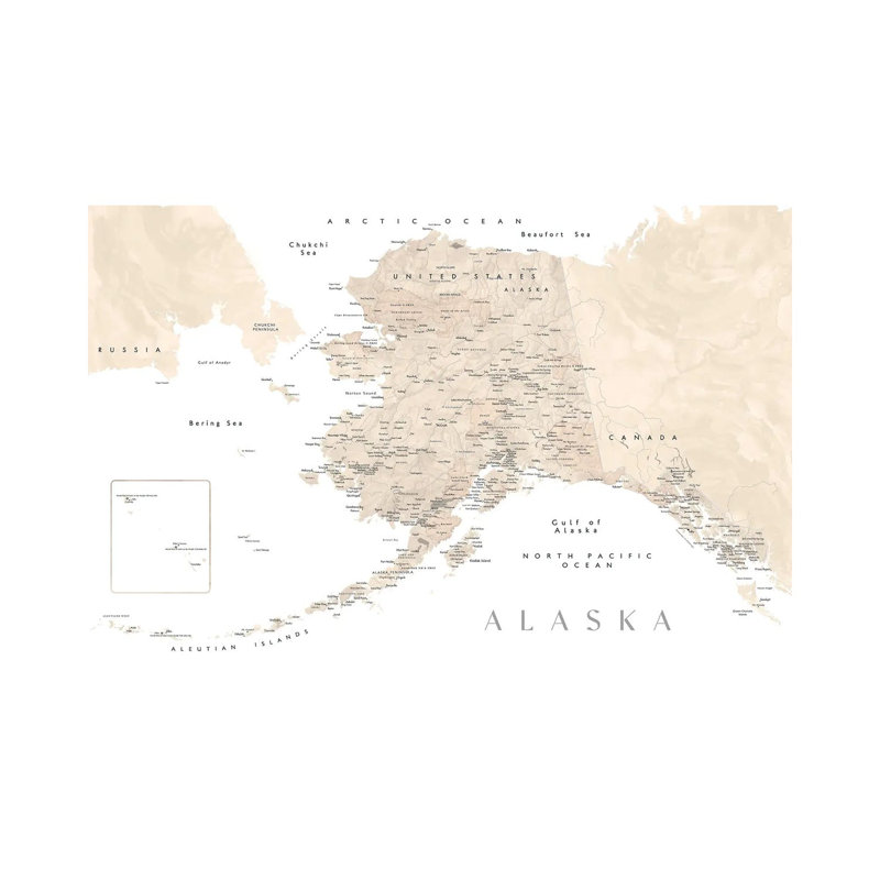 Neutral Watercolor Detailed Map Of Alaska by Blursbyai - Gallery-Wrapped Canvas Giclée on Canvas, 20.32 cm H x 30.48 cm W