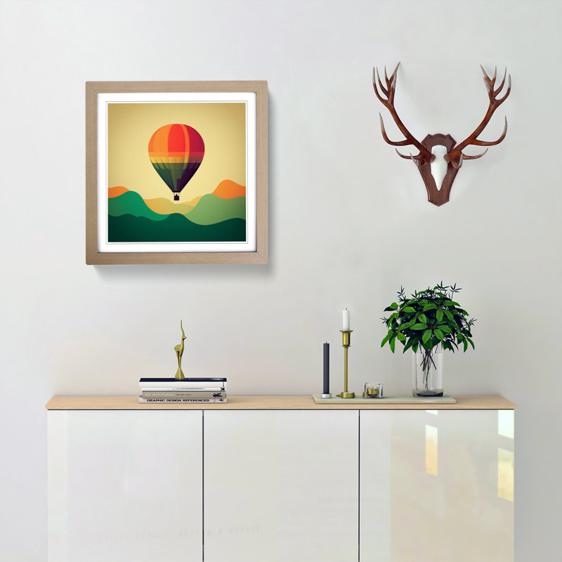 Hot Air Balloon Minimalism No.1 - Single Picture Frame Print on Wood, Oak
