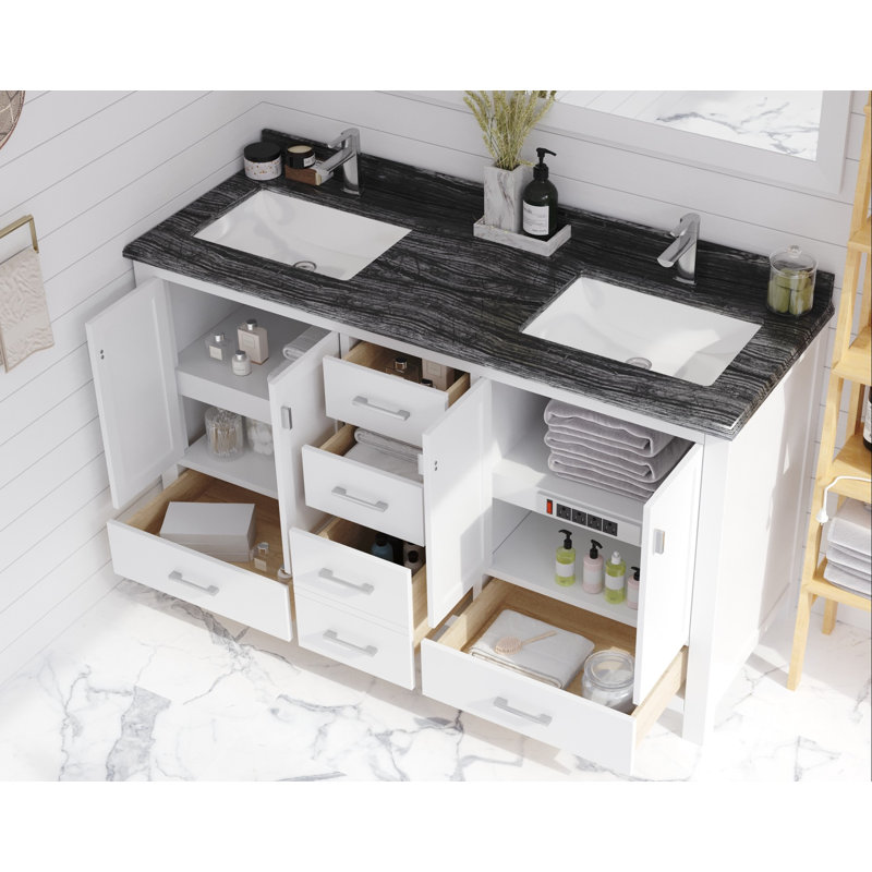 Ensemble de meuble-lavabo double 60 po Mariário, Blanc, Bois noir