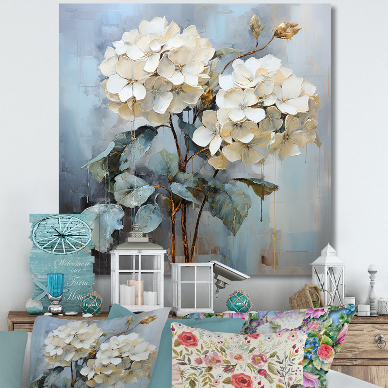 Blue Hydrangea Blooms In Gray Tone - Hydrangea Framed Art, 36" H x 36" W x 1.5" D, Wrapped Canvas