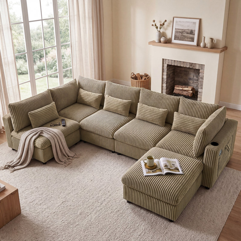 Canapé modulaire en velours côtelé 6 places avec repose-pieds mobile, Light Camel Corduroy