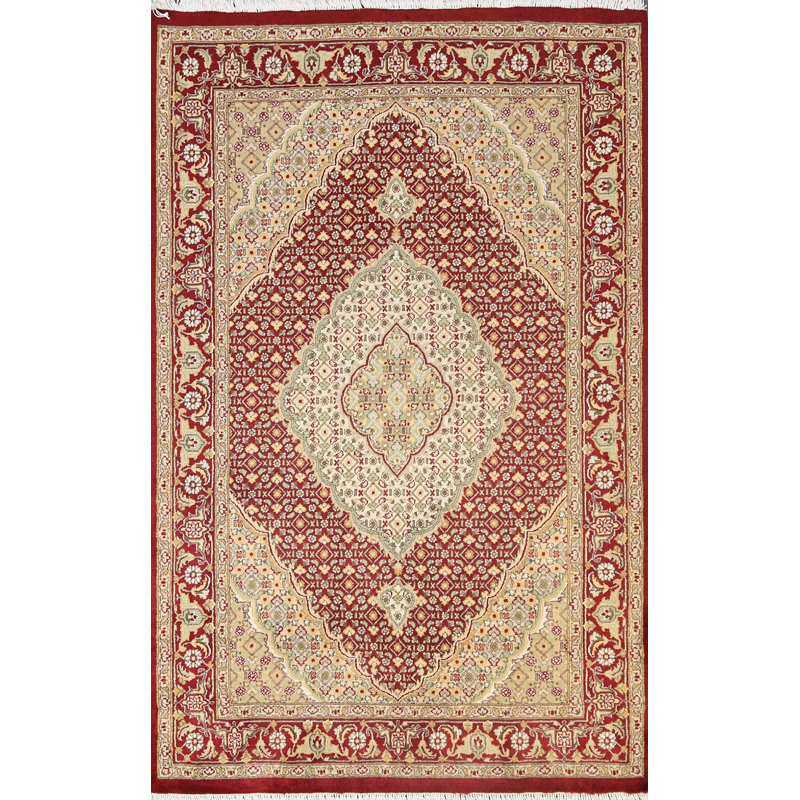 Tapis rouge en laine et en soie noué à la main de conception unique 4 pi 1 po x 6 pi 3 po