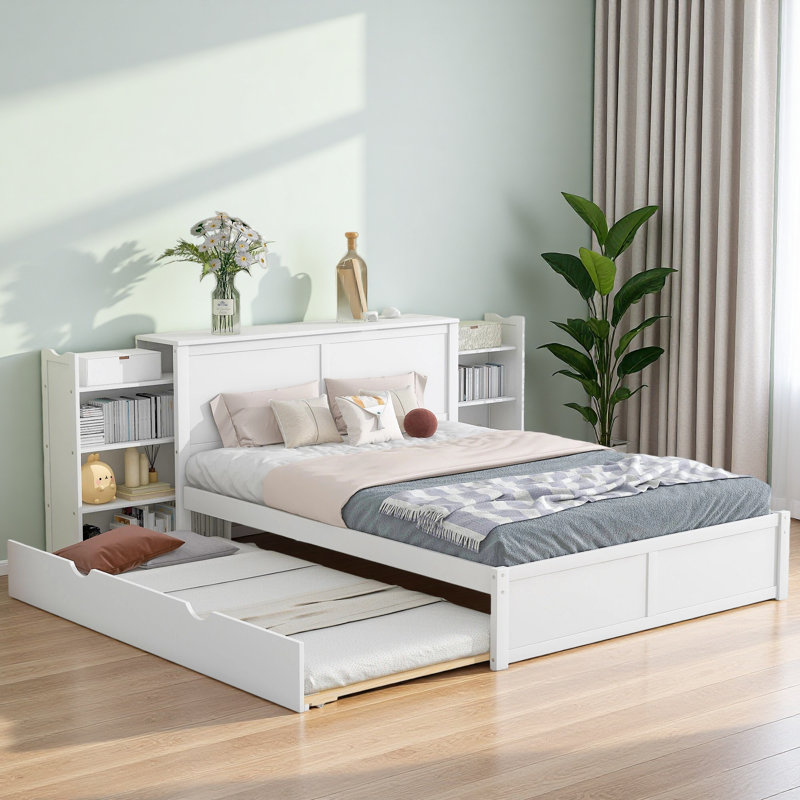 Full Size Storage Platform Bed With Pull Out Shelves And Twin Size Trundle, Full