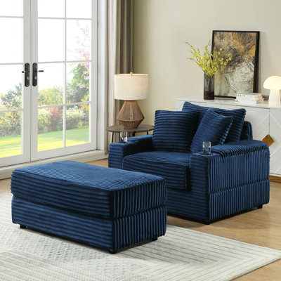 Velours côtelé de luxe bleu avec coussins décoratifs et 1 canapé de siège profond pour le salon, tissu, structure à haute éponge à ressorts, conception ergonomique, confort optimal, assemblage rapide et facile