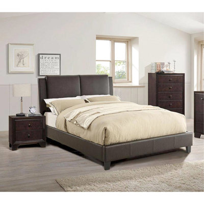 Lit moderne grand avec tête de lit tapissier en similicuir brun, aucune fondation nécessaire, tête de lit brun pour meuble de chambre à coucher, transitionnel,