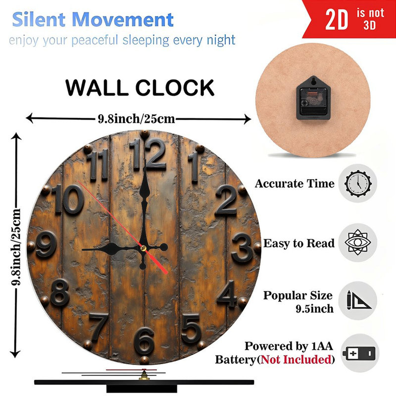 Horloge murale 10 po en MDF rond avec mouvement à quartz silencieux et crochet sans perceuse (piles AA non incluses)
