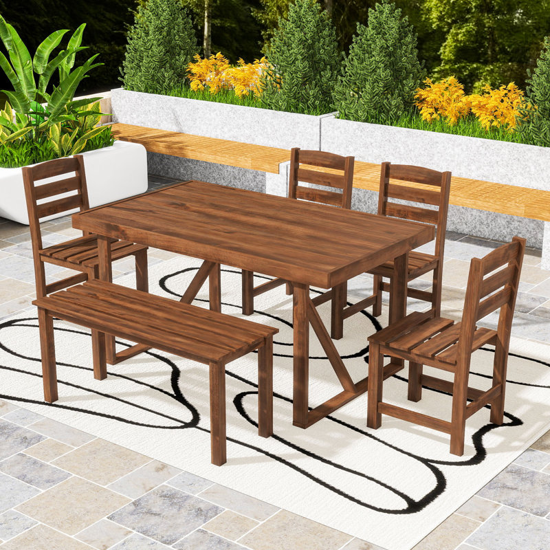 Outdoor 6Pcs Dining Set with Acacia Wood Table, Bench and 4 Chairs for Garden or Poolside Spaces, Brown