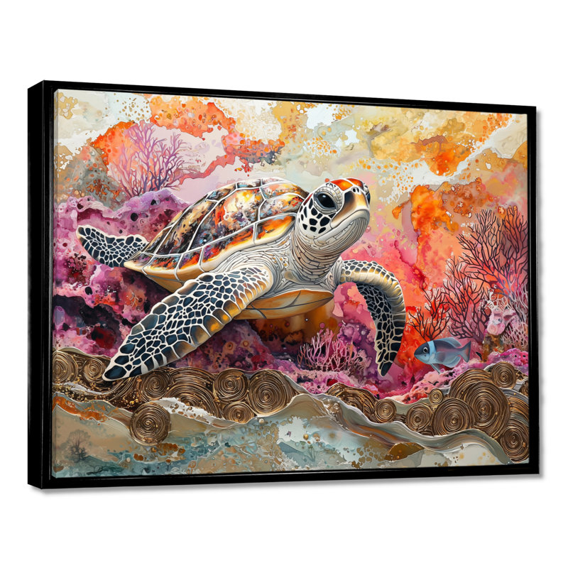 Aquarium, tortue, corail, sanctuaire I - tortue, art mural sur toile, H 30 po x l 40 po, Noir