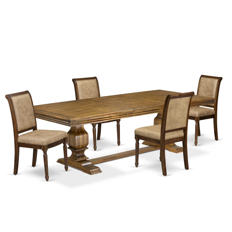 L'ensemble de table de salle à manger 5 pièces comprend une table de cuisine et 4 chaises de salle à manger modernes en cuir de polyuréthane beige avec dossier haut - finition noyer antique