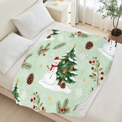 Plaid en flanelle polaire JYK pour Noël, léger, respirant, doux et chaud en microfibre pelucheuse, 127 x 152 cm, motif famille bonhomme de neige rose