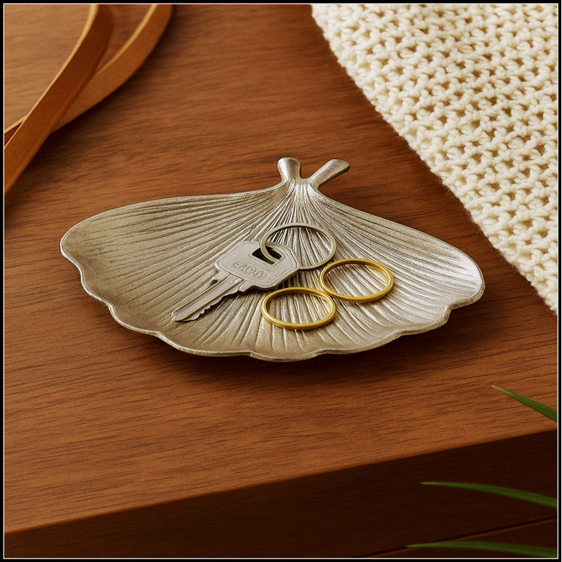 Ginkgo Leaf Nickel Finished Aluminum Trinket Dish – 8.7x6.7x2" Decorative Accent