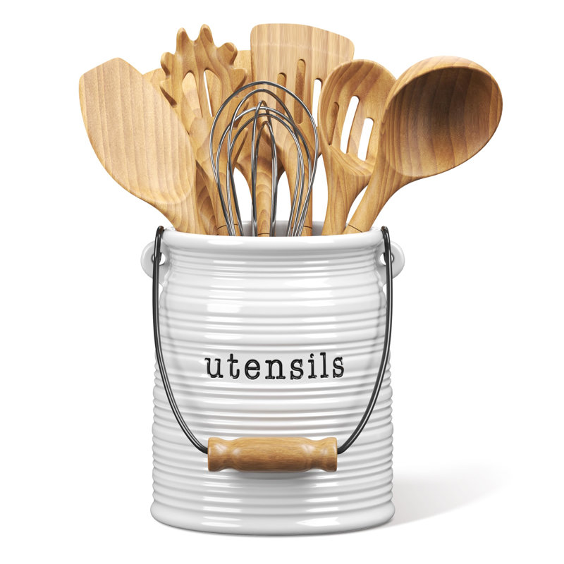 Porte-ustensiles de cuisine en céramique Farmhouse, pot décoratif rustique, organisateur de comptoir (blanc)