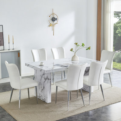 Dining Table Set, Marble Dining Table Set For 4, 63" White Marble Pattern MDF Tabletop And Legs, 4 PU Leather Kitchen Chairs With Chrome Plated Metal Legs For Kitchen.