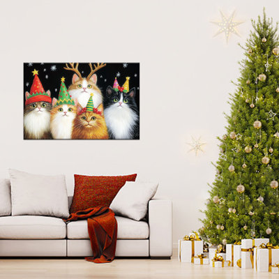 Grande affiche de Noël sur toile de chats de Noël - peinture de chat festif avec des bois de renne, impressions sur toile des Fêtes d'hiver, décoration murale de Noël, prête à être accrochée, impressions photo, œuvres d'art sur toile pour la maison, 24 po x 32 po