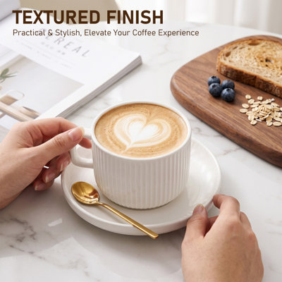 4 Pack White Ceramic Coffee Cup & Saucer Set, 230ml/260ml Beaded Vertical Horizontal Textured Mugs for Cappuccino Latte Tea