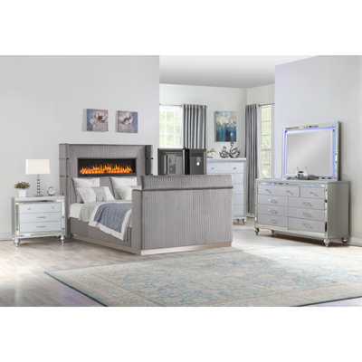Ensemble de chambre à coucher pour grand lit 5 pièces de style moderne avec foyer et meuble télé en bois gris