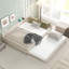 Grand lit plateforme tapissier avec ports USB et lit gigogne simple, tissu de lin, beige-118661074