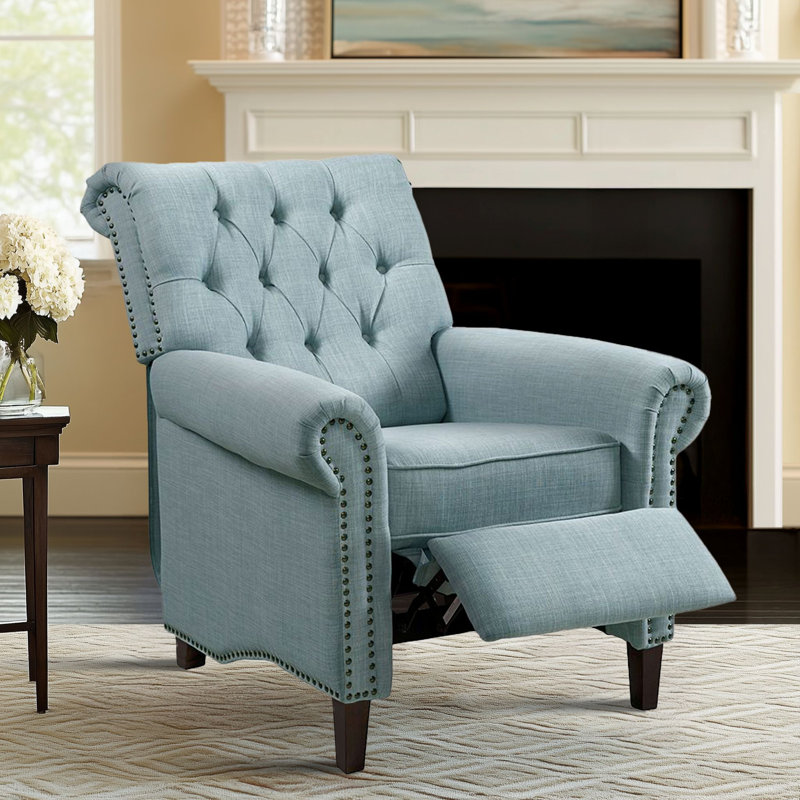 Bridin 32.25"W Upholstered Manual Push Back Recliner Chair with Nailheads, Light Blue, Light Blue Basketweave