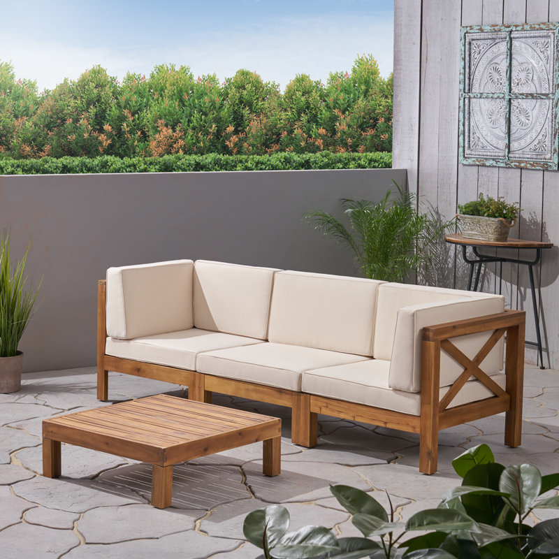 Acacia 3 - Person Patio Conversation Set with Cushions, Teak Frame / Beige Cushion