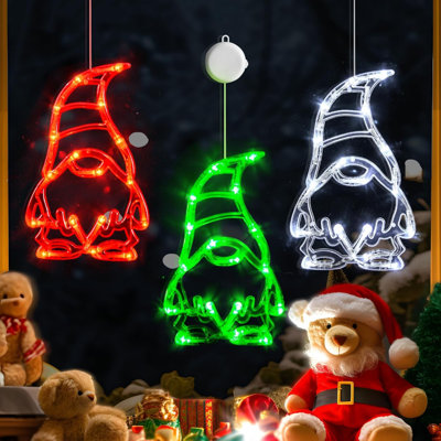 3 Pack Red White and Green GnomesChristmas Window Lights,Suction Cups 2025 Upgrade Timer Function and Slowly Fade Mode Battery Operated Indoor Decors Christmas Decorations
