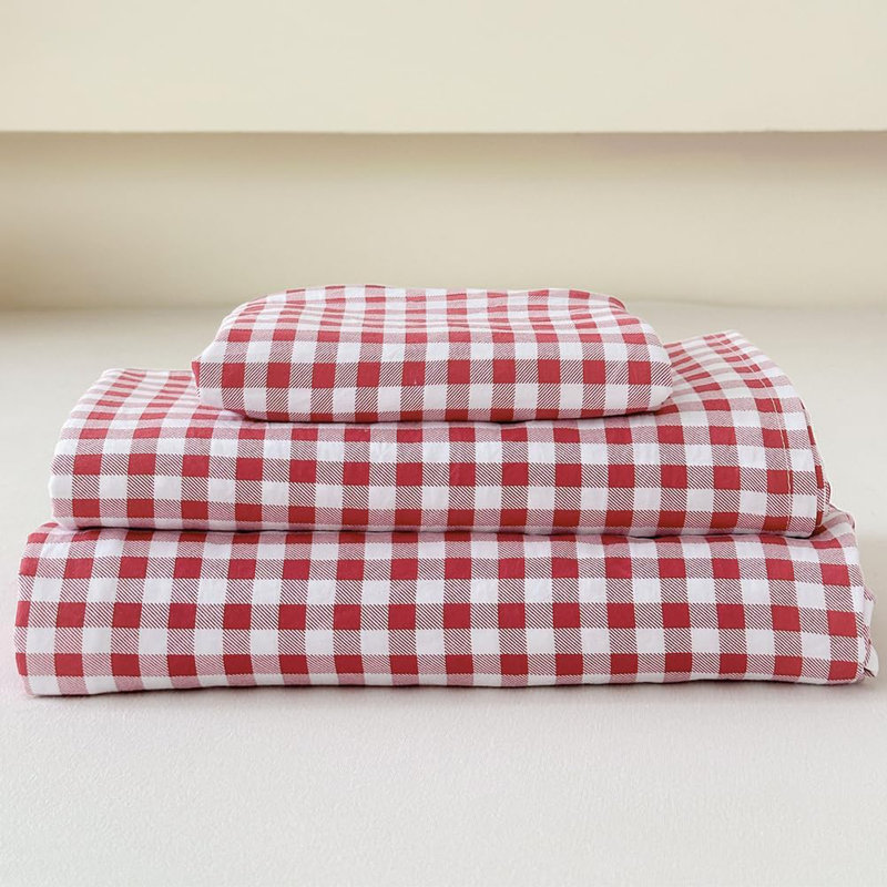Gingham Sheet Set, Pre-Washed Microfiber Ultra-Soft Plaid Grid Sheets, Full Sheet Set + 2 Pillowcases, Red Gingham